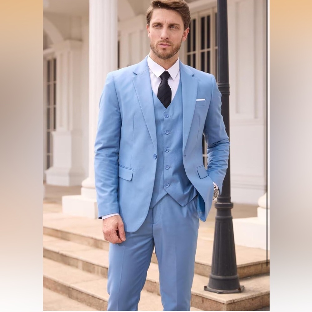 Wangyue Light Blue Men's Three-Piece Suit - Classic Tailored Fit Sz XL